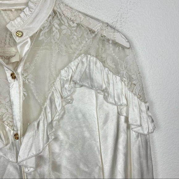 Divine Heritage Satin Lace Inset Ruffle Blouse White Long Sleeve Button Down Top - Picture 6 of 9